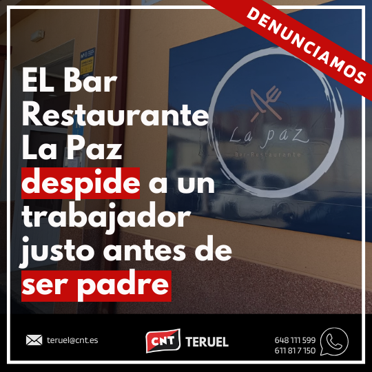 El Bar Restaurante La Paz despide a un trabajador justo antes de ser padre