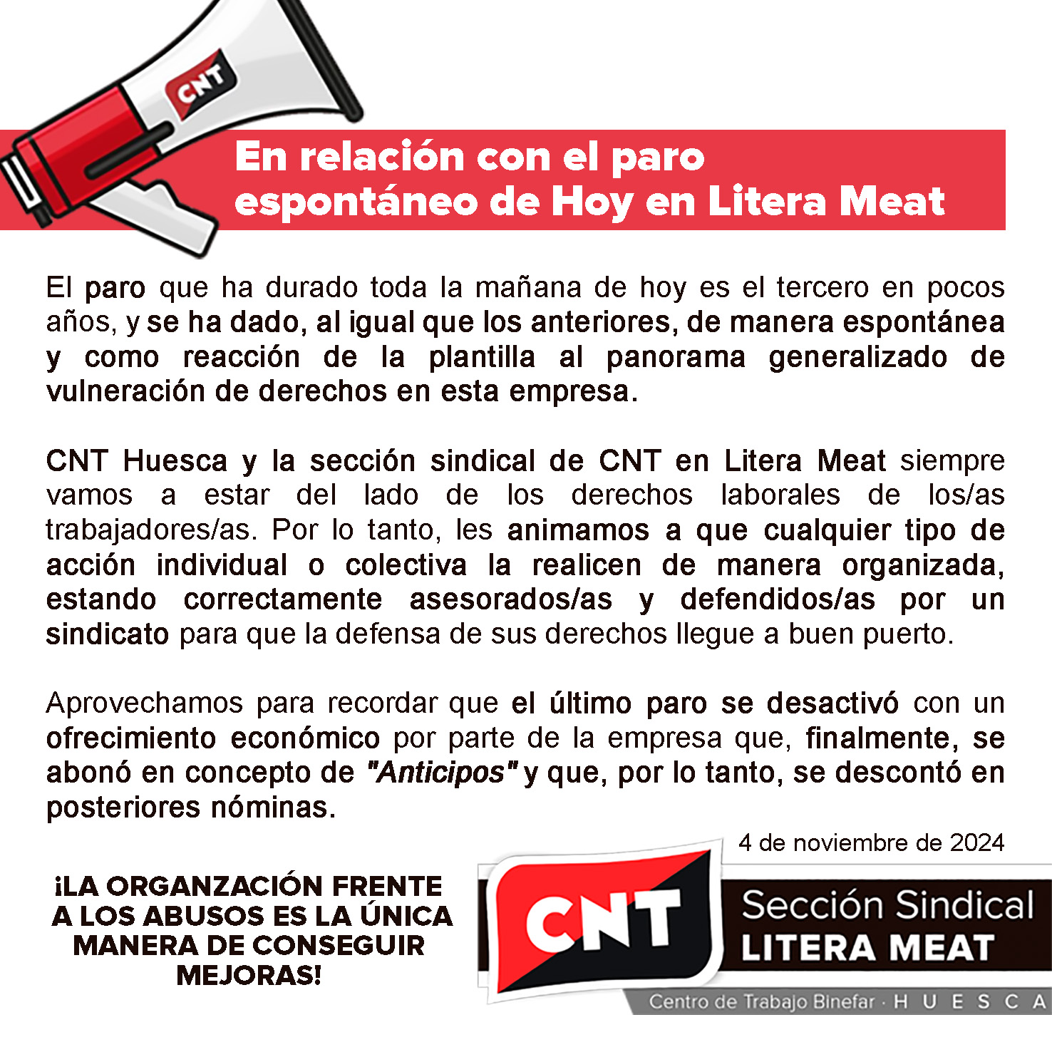 🔴🏴 En relación con el paro espontáneo de hoy en Litera Meat [4/11/2024]🥩